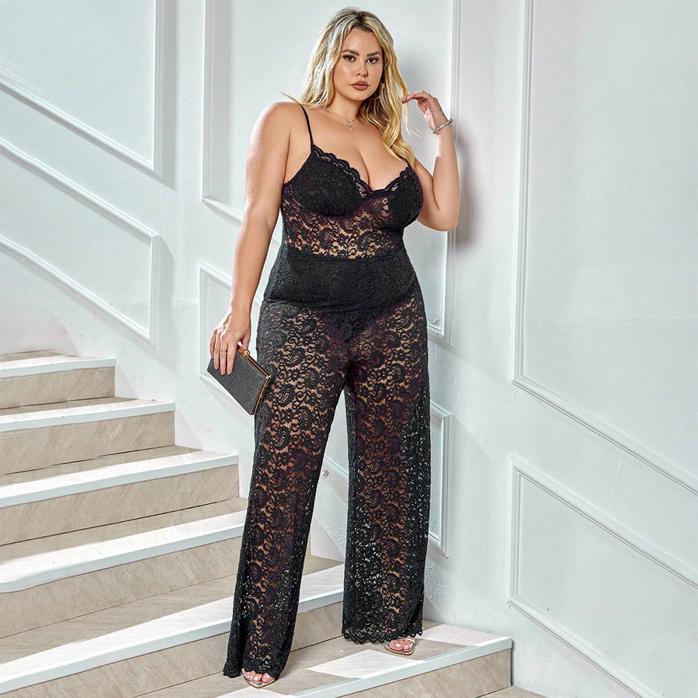 Plus Size Spring Summer Women Clothes Jumpsuit Lace Hollow Out Cutout Deep V Plunge Casual Sling Straight Jumpsuit - Wild Amber Fashion