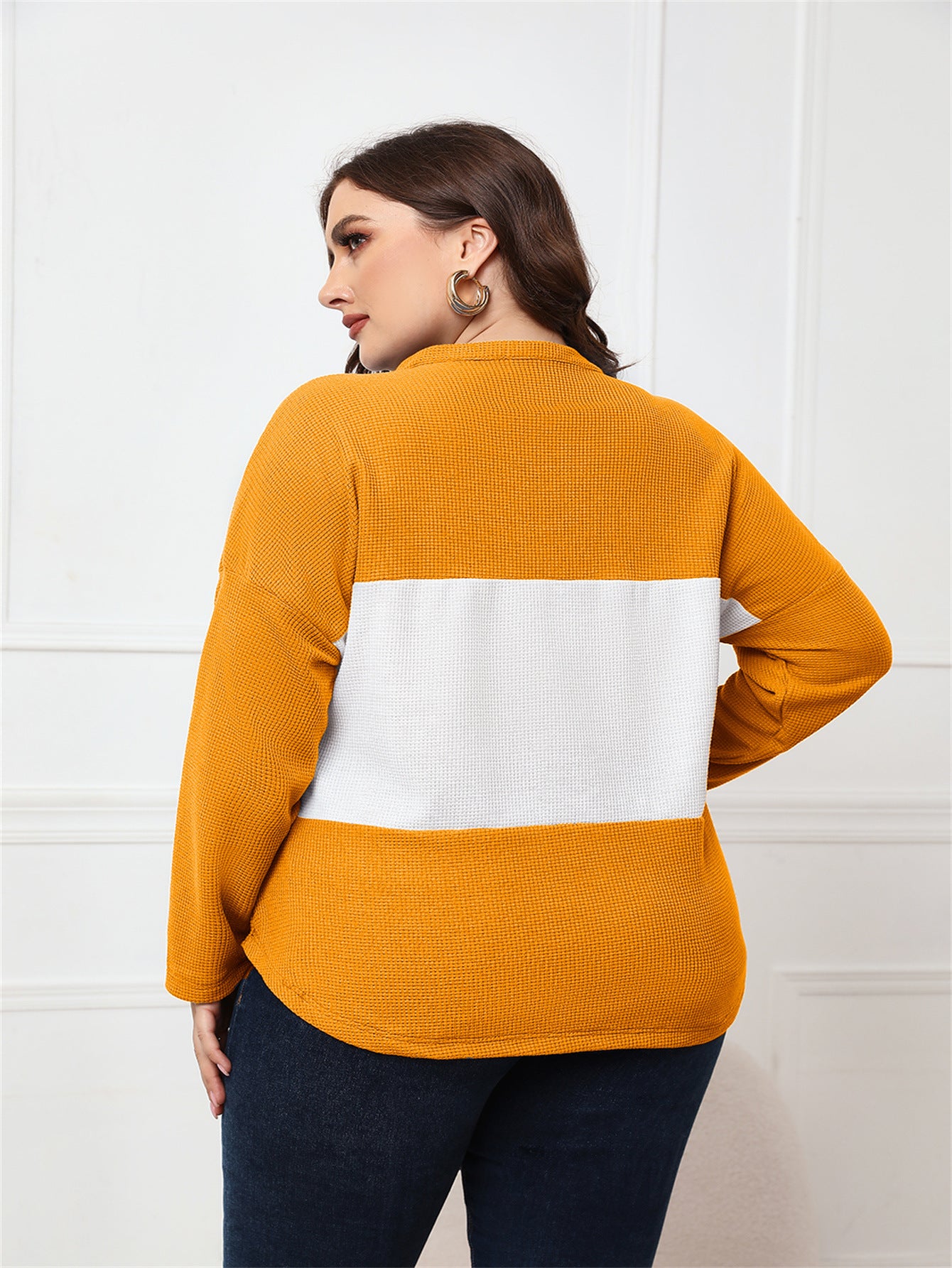 Plus Size Women Clothing Spring Autumn Long Sleeve V Neck Open Placket Top - Wild Amber Fashion