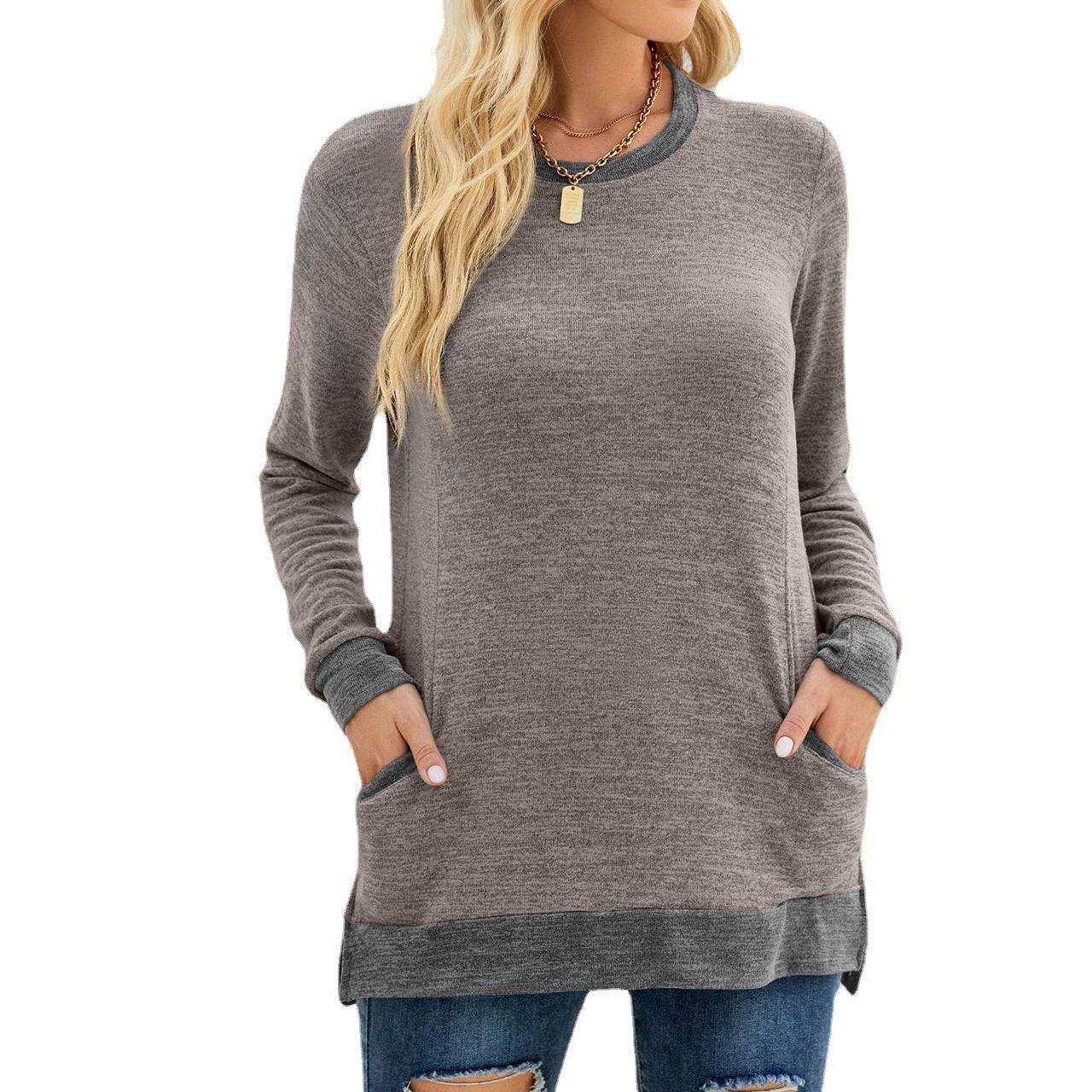 Multicolor Long Sleeve Pullover Top with Pocket  S Coffee 