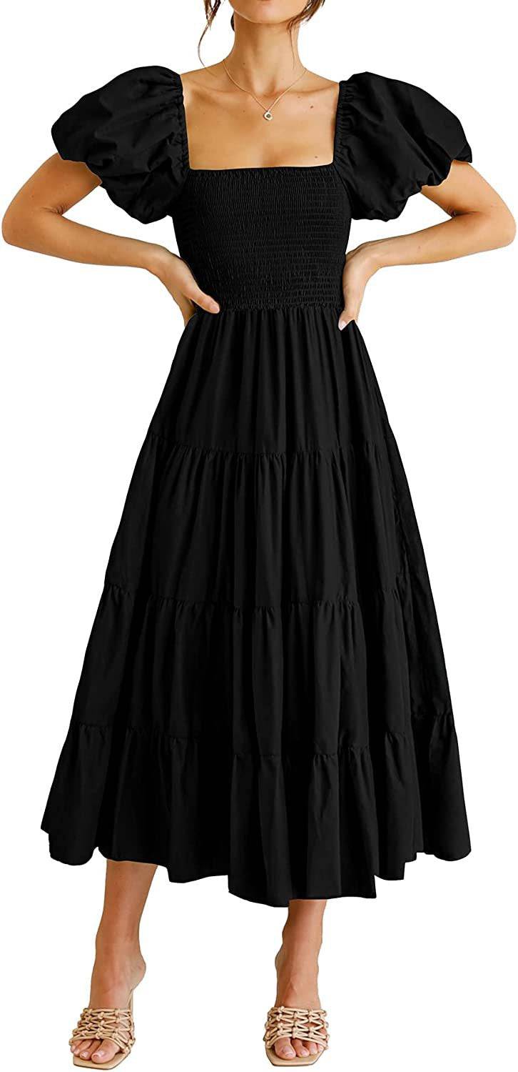 Square Neckline Backless Puff Sleeve Summer Maxi Dress  S Black 