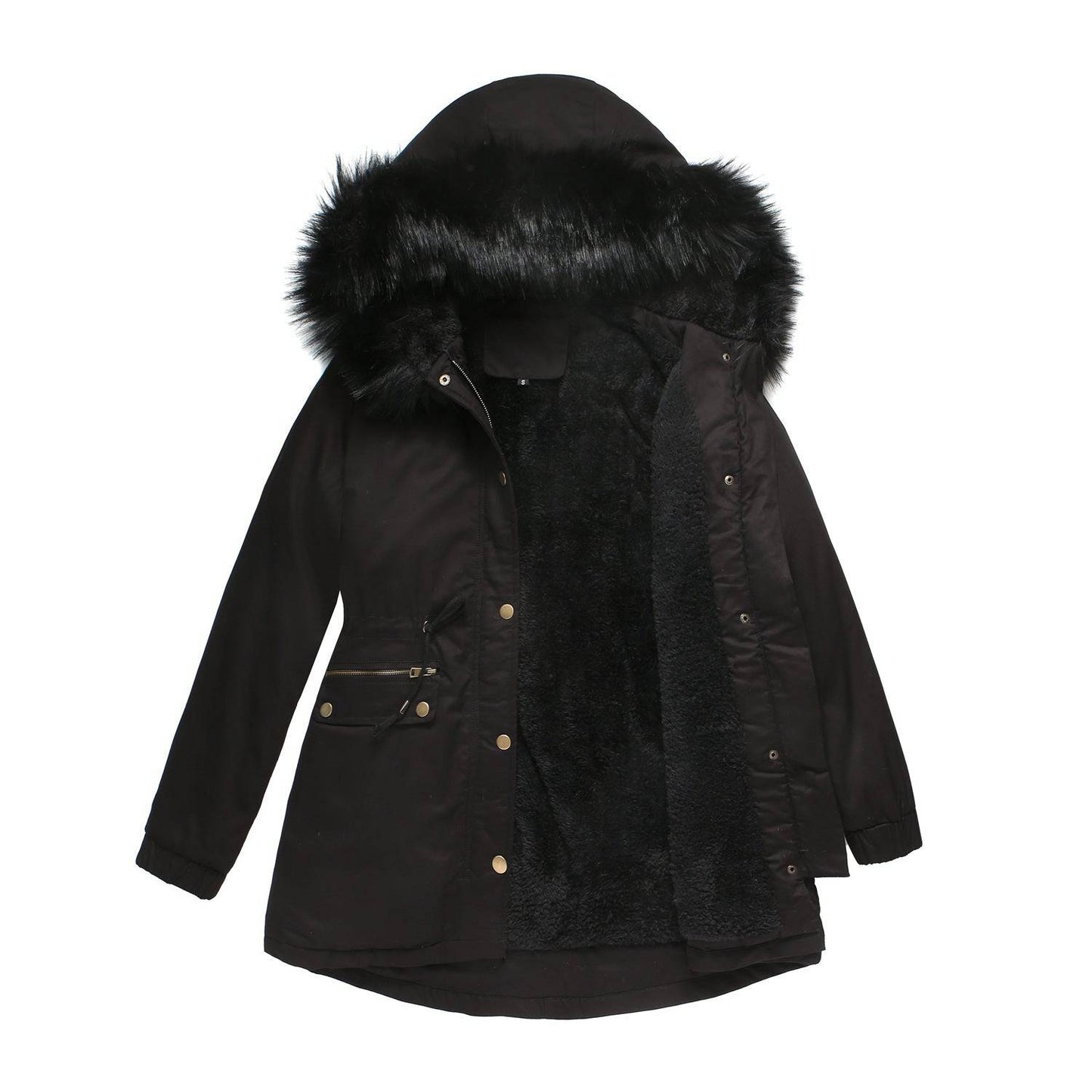 Warm and Stylish Plus Size Fur Collar Parka  S Black 