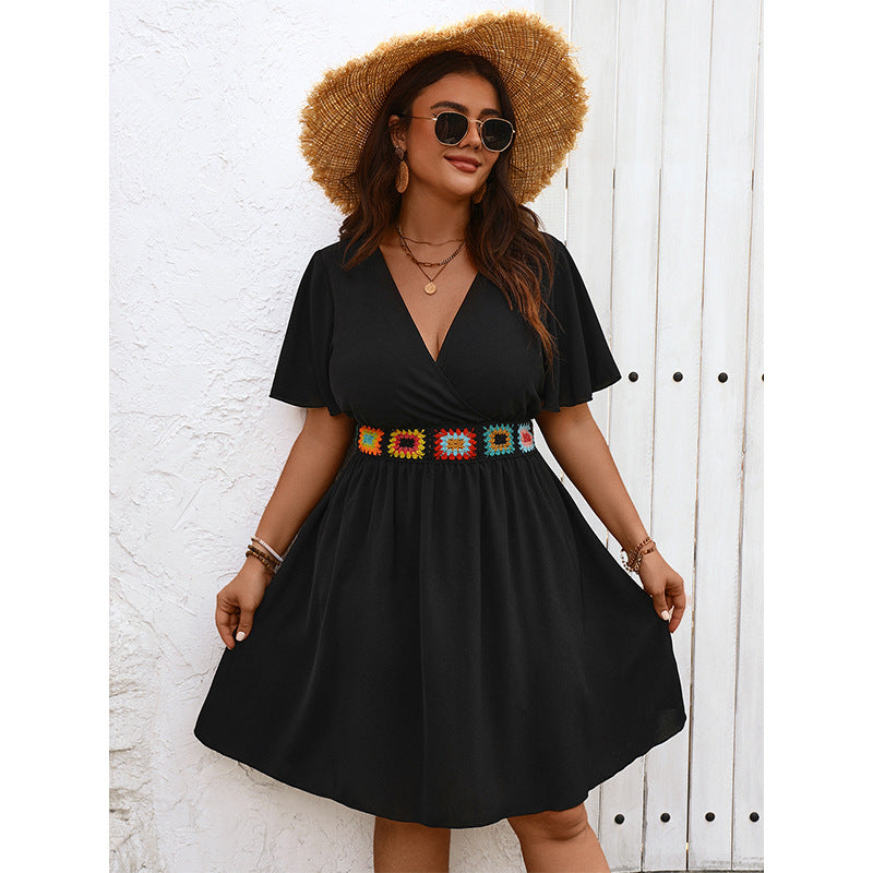 Plus Size V Neck Dress Summer Ladies Embroidered V Neck Sexy Slimming Dress - Wild Amber Fashion