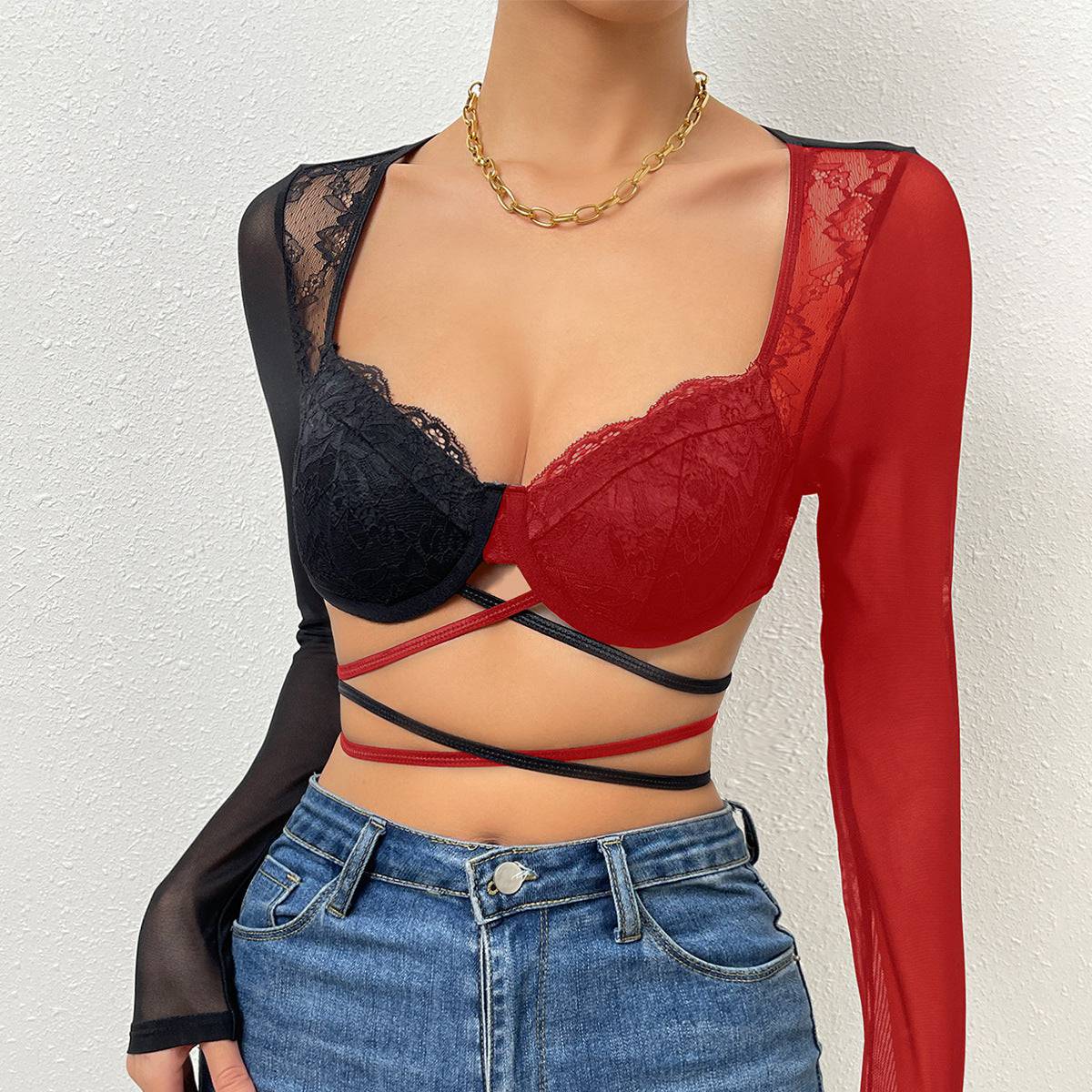 Seductive Lace Cross Steel Ring Long Sleeve Crop Top  XS Black and Red 