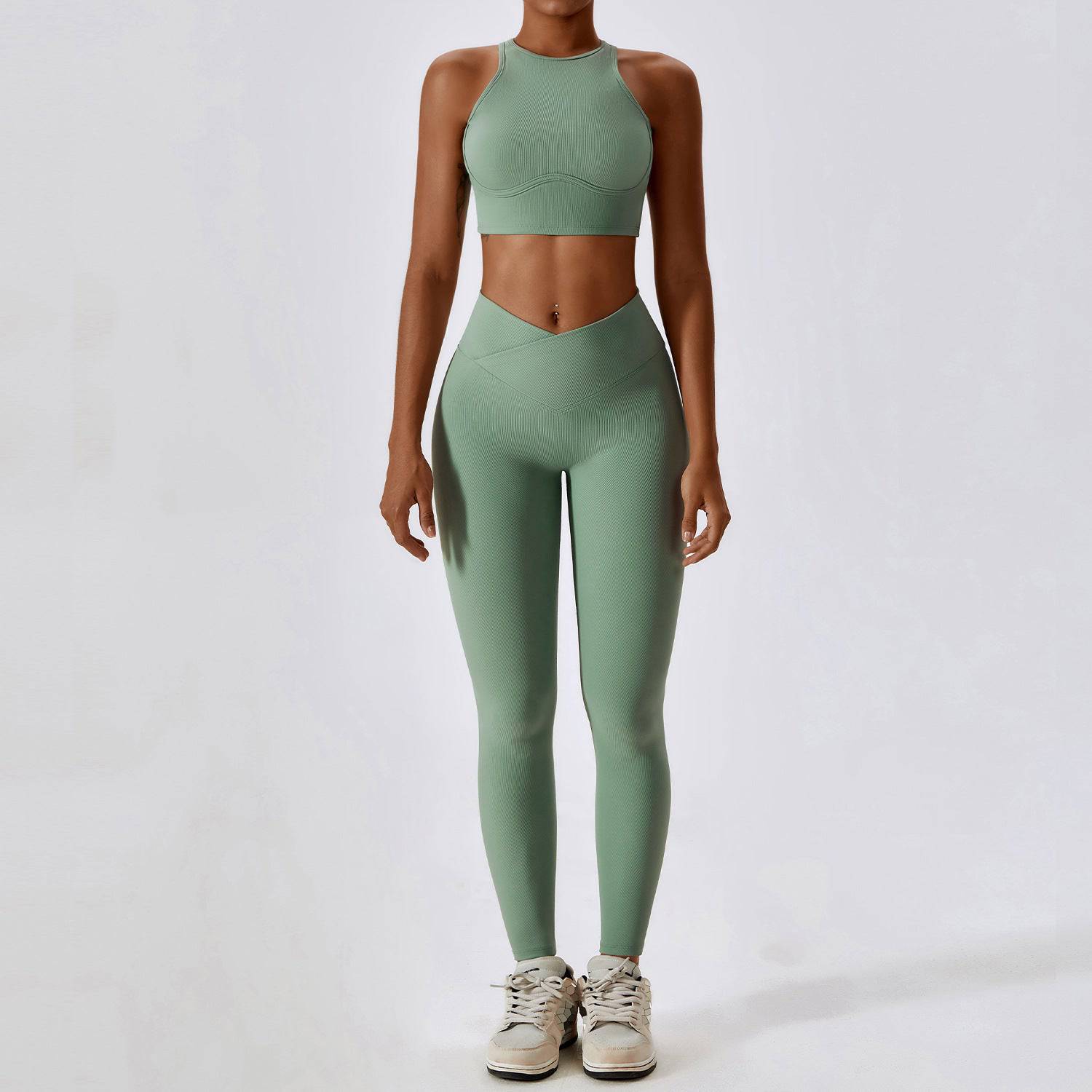 High-Rise Slim Fit Quick Drying Yoga Suit with Lace-Up Detail and Cutout Design  S -2 Bra Trousers Basil Green 