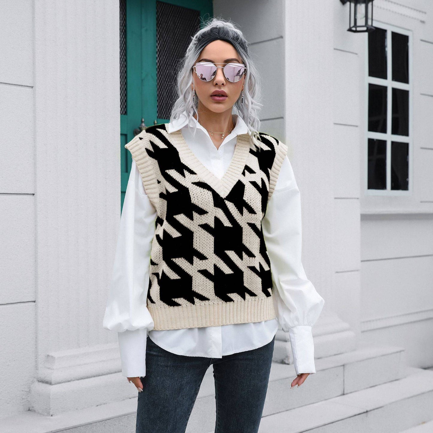 Houndstooth V-neck Vest Sweater Women Vest Outer Wear Inner Wear Autumn Winter Knitwear Sweater Boucle  S Black 