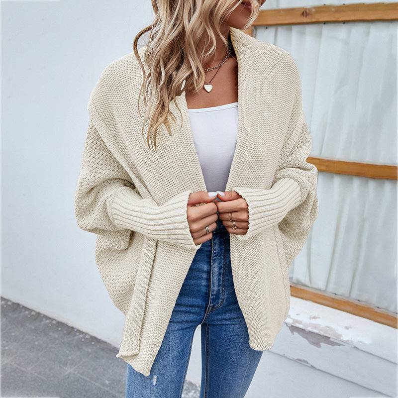 Women's Loose-Fit Knitted Batwing Sleeve Cardigan Coat  L Apricot 