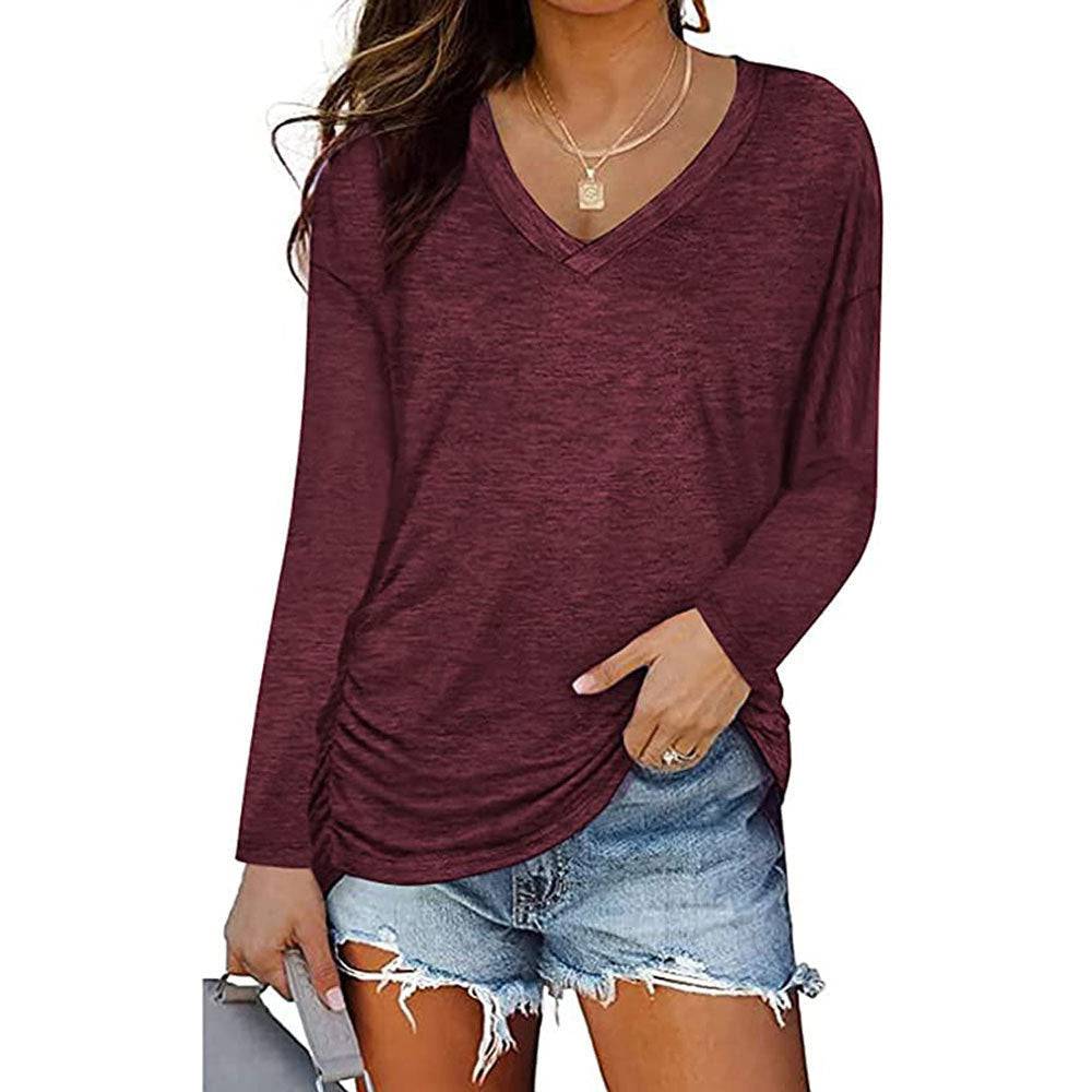 Elegant V-Neck Long-Sleeved T-Shirt with Pleating  S Jujube Red 