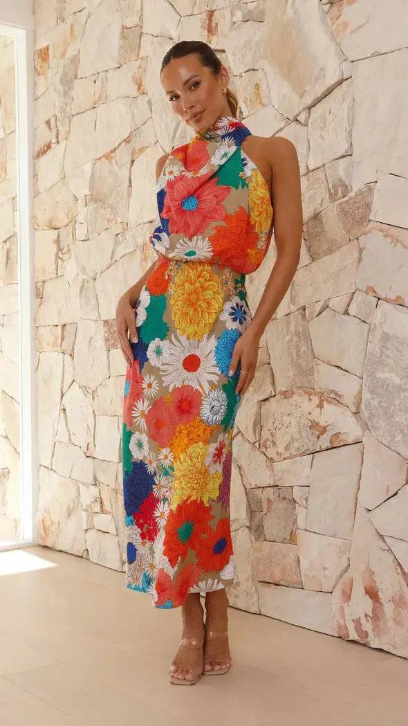 Floral Print Sleeveless Maxi Dress for Vacation and Boho Style  S Orange Dress 