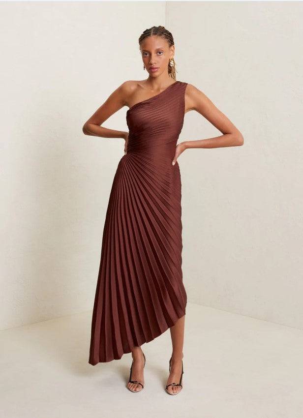 One Shoulder Sun Pleated Satin Dress for Women  S Coffee 