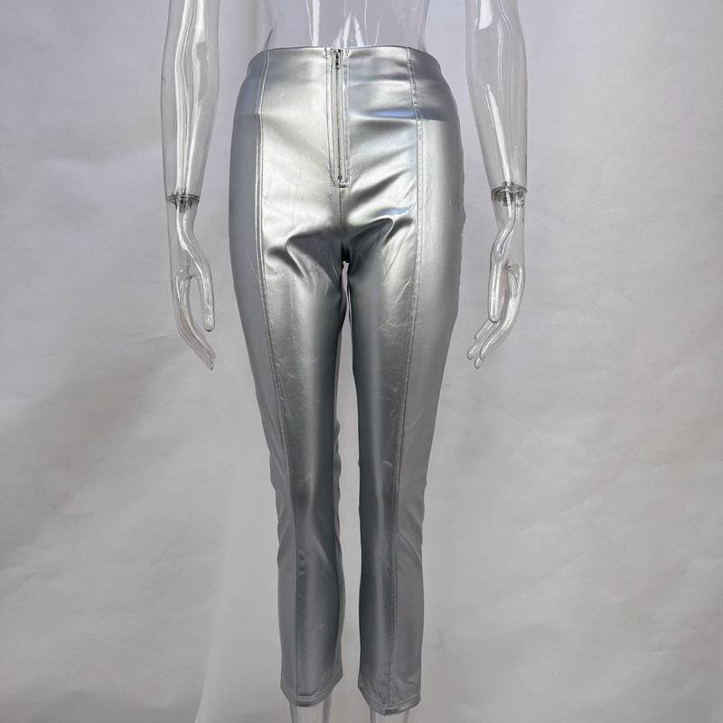 High Waist Hip-Lifting Faux Leather Skinny Pants for Women  S Silver 