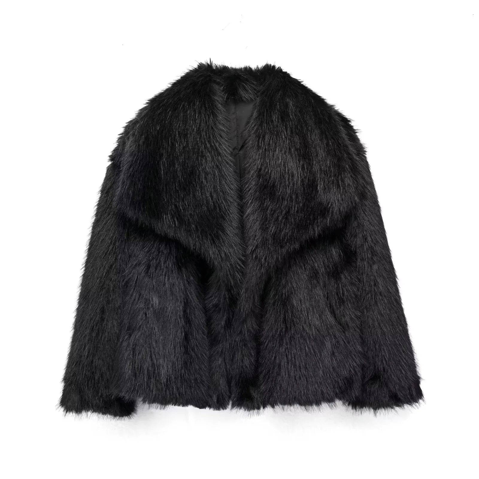 Stylish Faux Mink Fur Winter Coat with Pocket  XS Black 