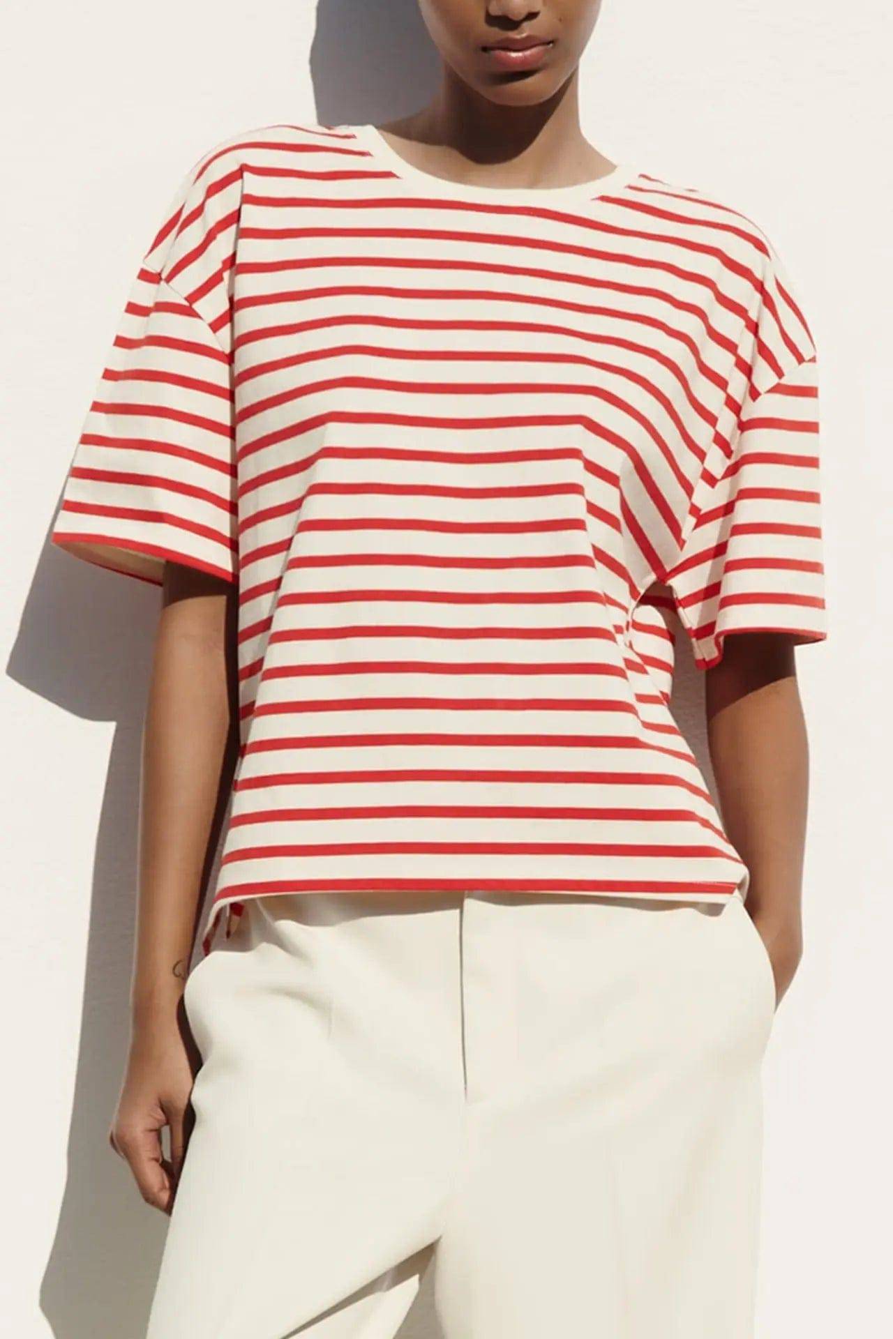 Red and White Striped Loose Fit Vacation T-shirt for Women  S Red 