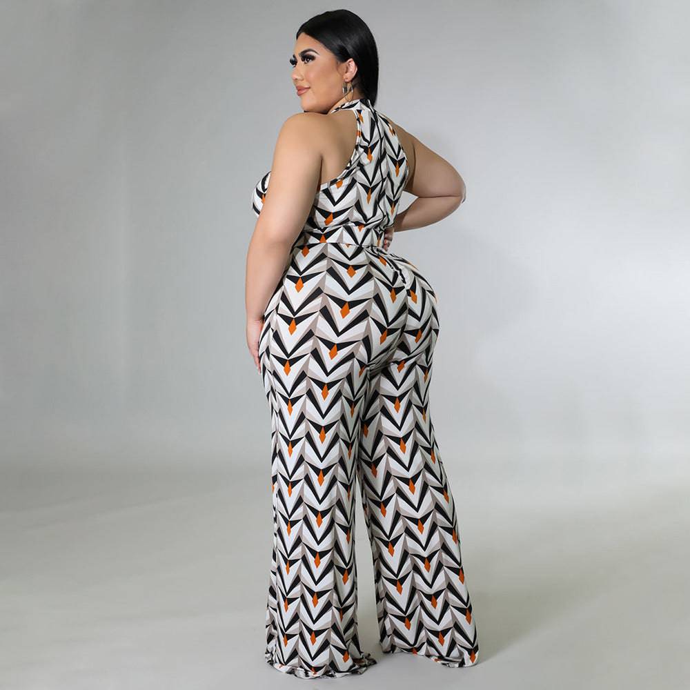 Plus Size Women Clothing Casual Halterneck Printed with Belt Jumpsuit - Wild Amber Fashion