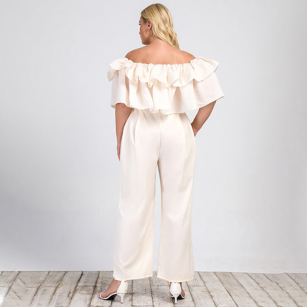 Plus Size Women Clothing Summer New Lotus Edge off-Shoulder Solid Straight-Leg Office Casual Pants Jumpsuit - Wild Amber Fashion