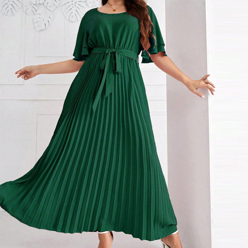 Plus Size Summer Square Collar Large Swing Dress Elegant Short Sleeve Lace up Slimming Pleated Dress - Wild Amber Fashion