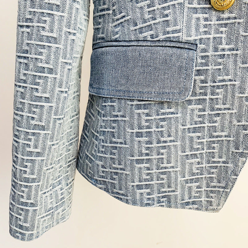 Plus Size Slim Double Breasted Lion Buckle Maze Jacquard Denim Blazer - Wild Amber Fashion