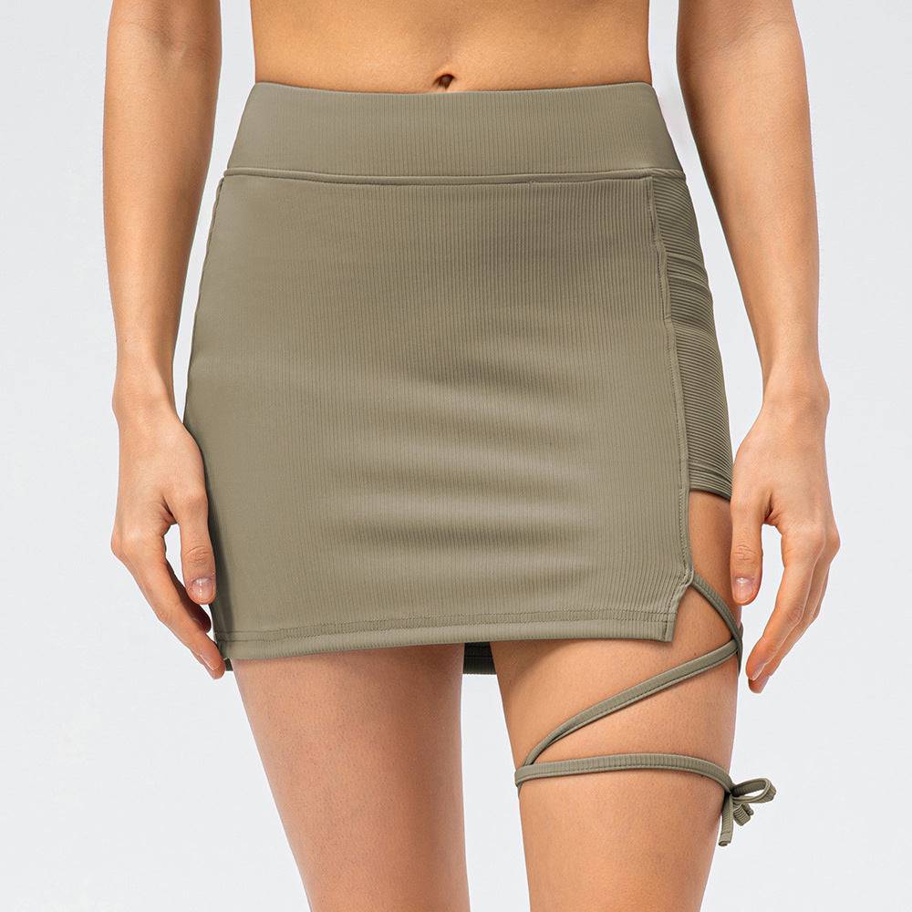 Sporty Slim Fit Lace-Up Nylon Tennis Skirt  2 Khaki 