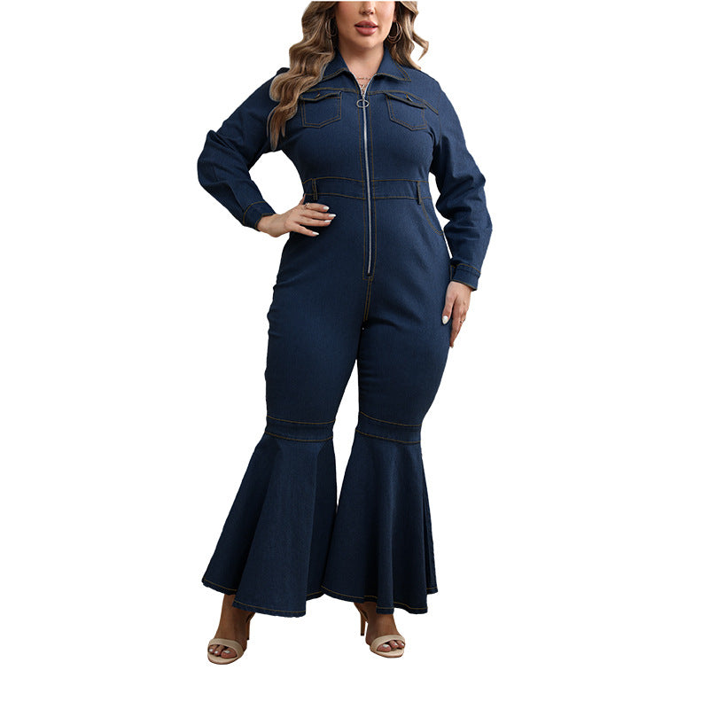 Plus Size Women Denim Zipper Collared Long Sleeve Flared Jumpsuit - Wild Amber Fashion