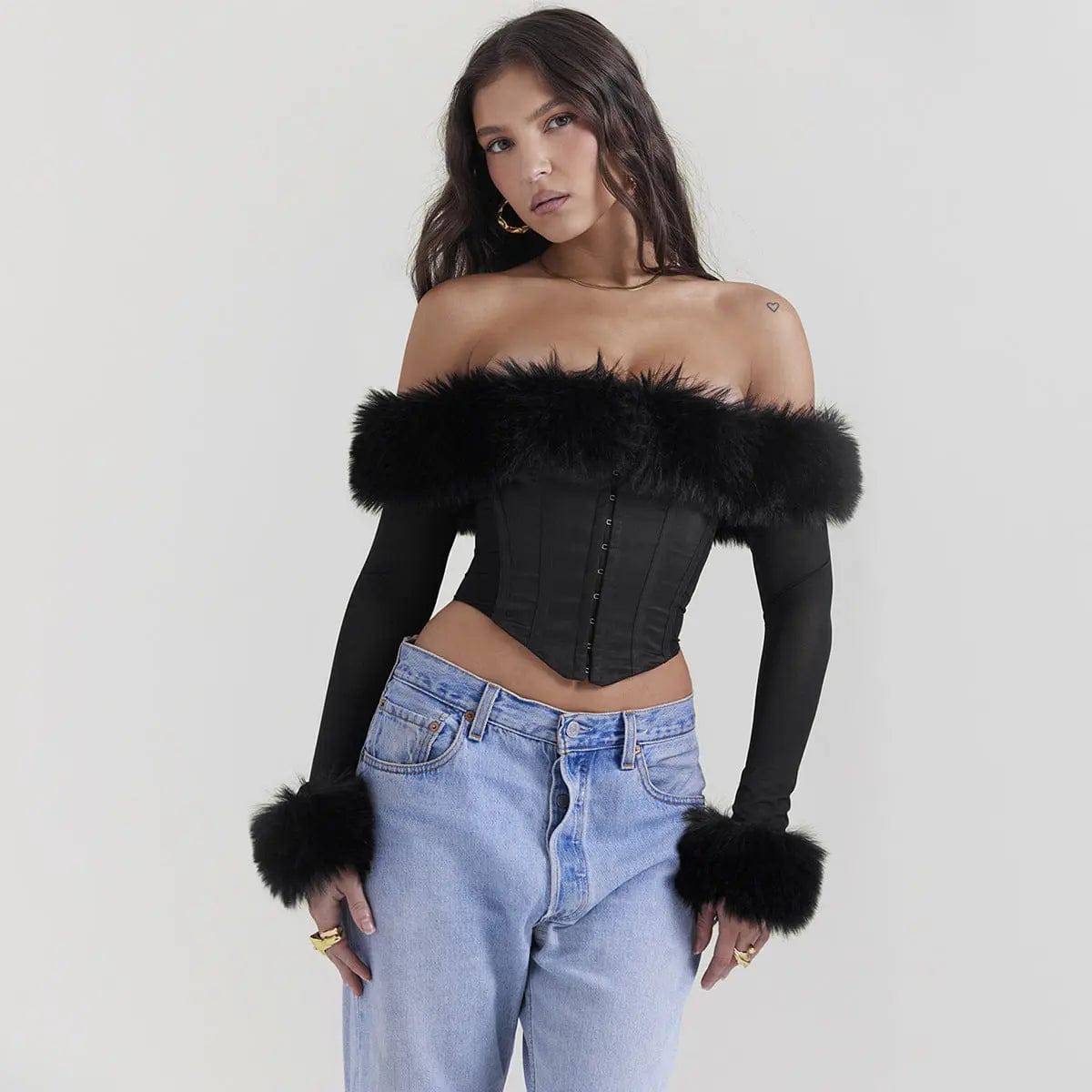 Fur Collar Off-Shoulder Boning Corset Long Sleeve Slim Top  XS Black 