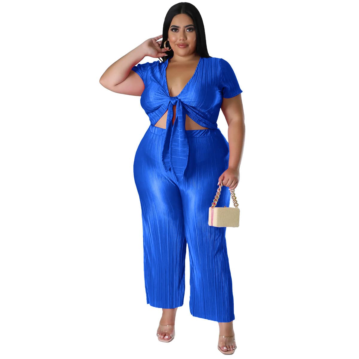 Pleated Wide Leg Pants and Tied Top Two-Piece Set for Plus Size Women  0XL Blue 