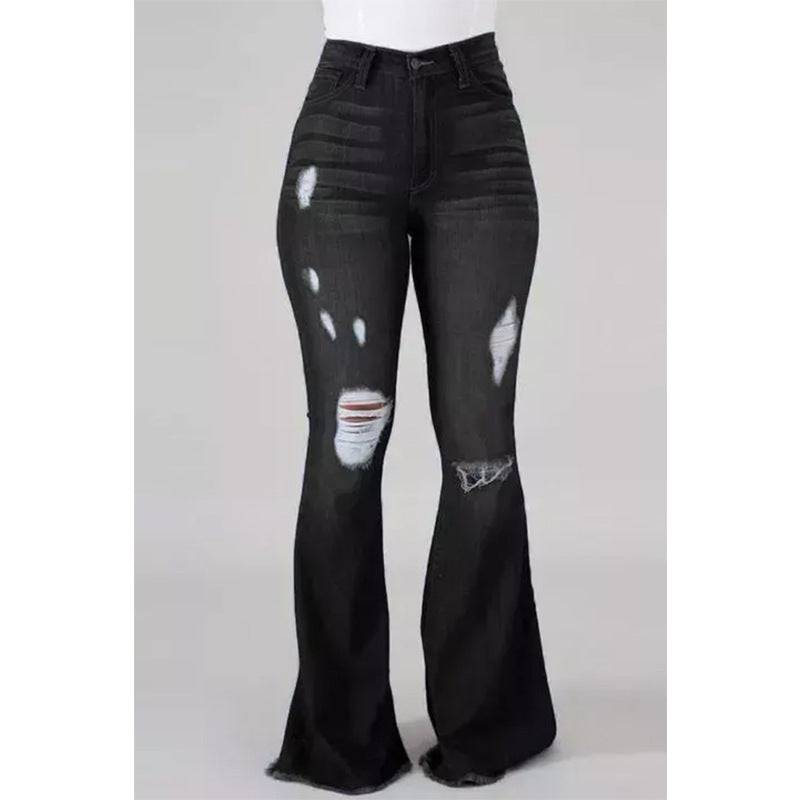 Internet High Elastic Ripped Jeans High Waist Flared Pants  XS Black 