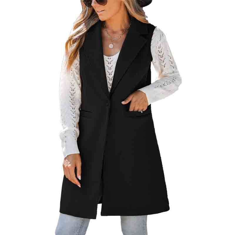 Sleeveless Long Woolen Coat for Women  S Black 