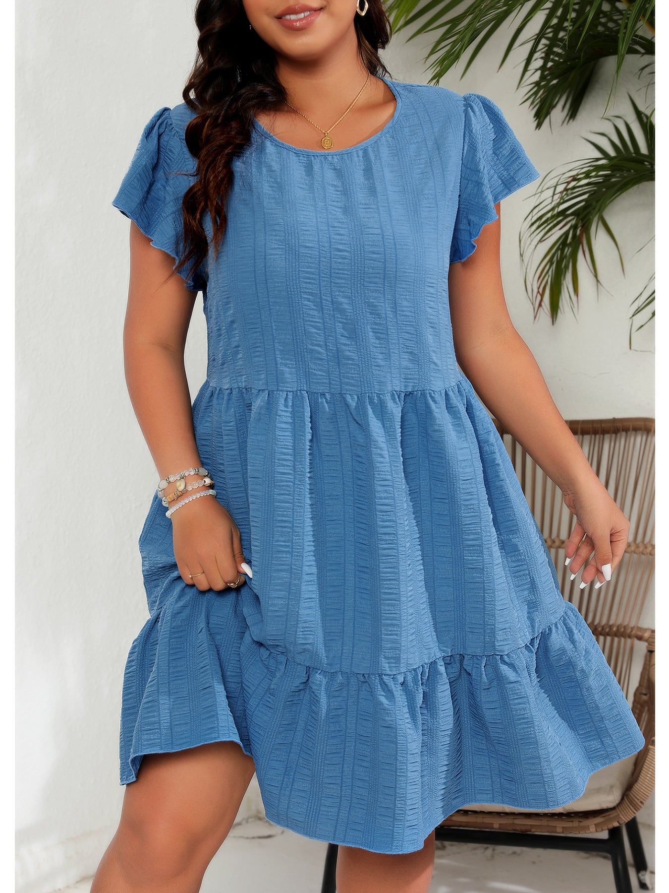 Plus Size round Neck Ruffle Sleeve Waist Tight Vacation Casual Dress - Wild Amber Fashion