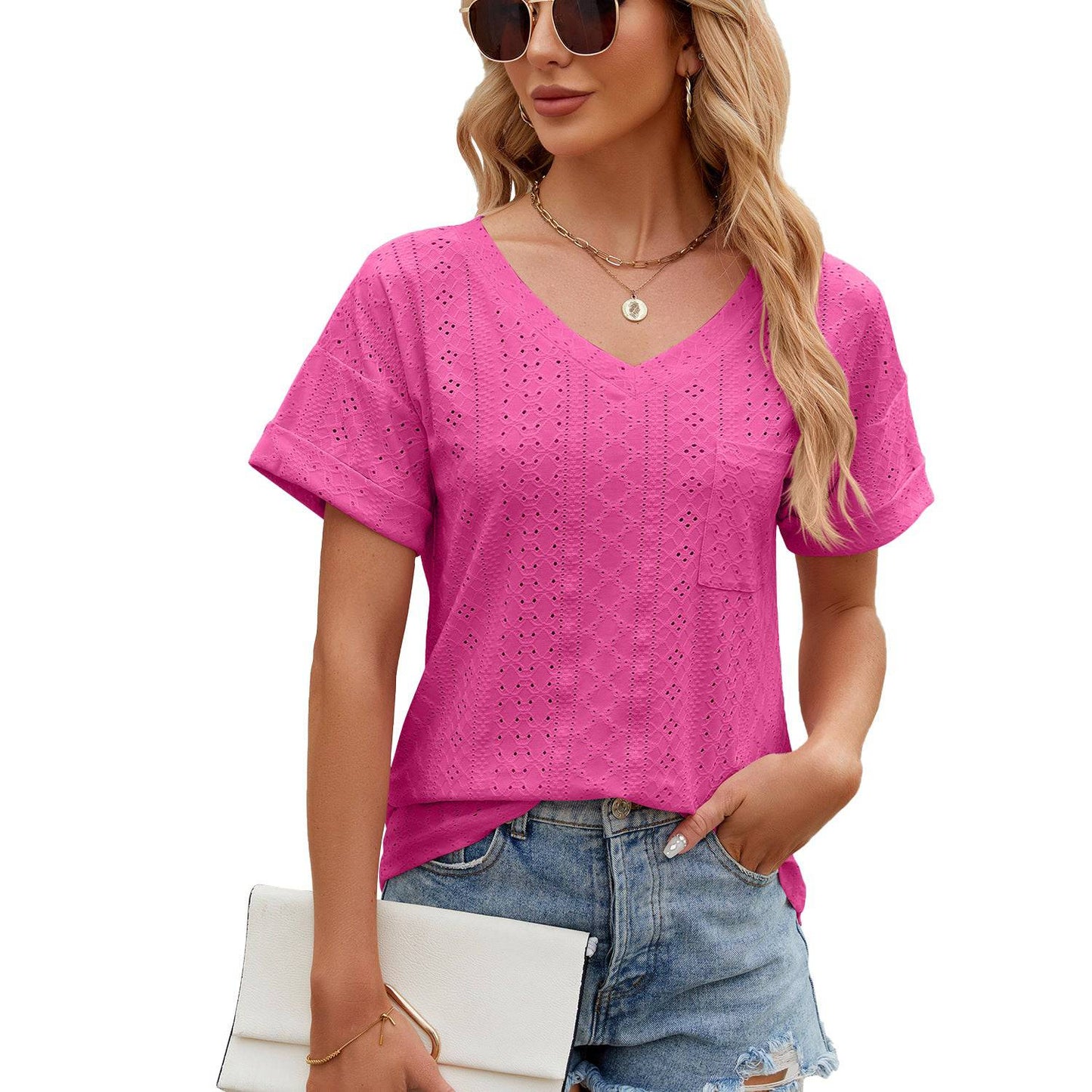 Relaxed V-Neck Short Sleeve Tee for Women  S Barbie Pink 