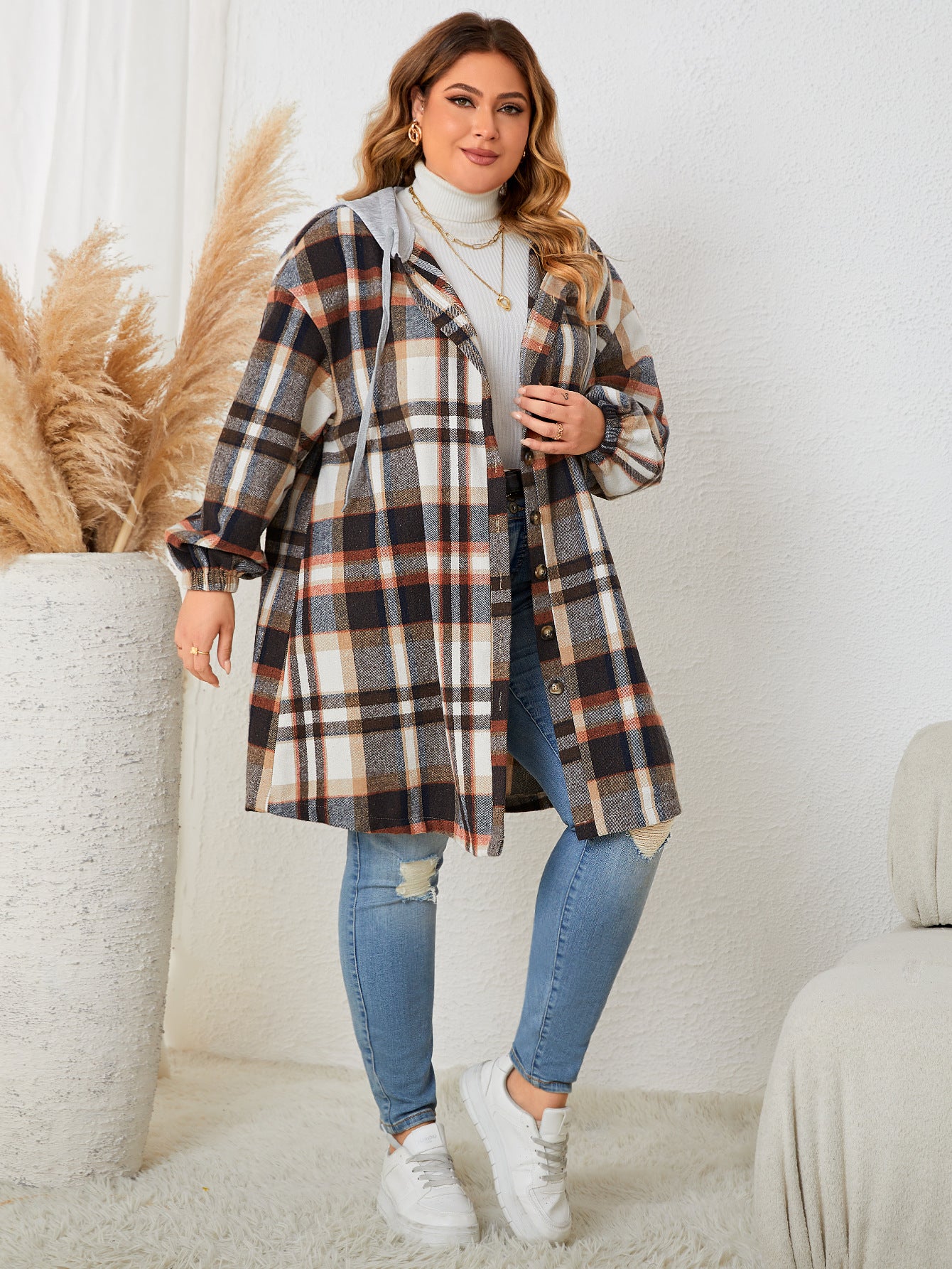 Plus Size Autumn Winter Women Girls Plaid Hooded Mid Length Coat for Women - Wild Amber Fashion