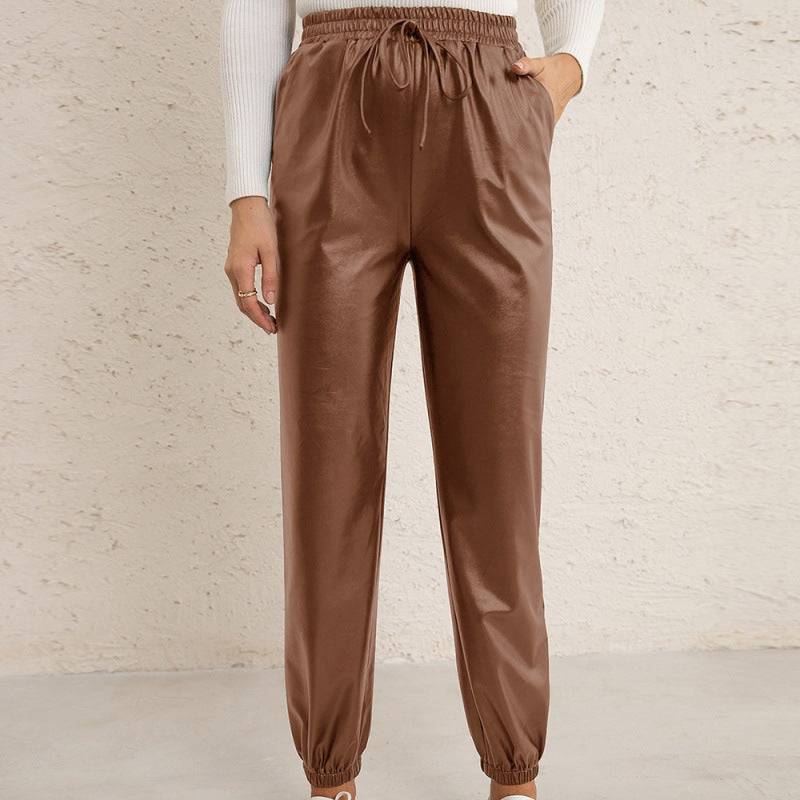 Loose Casual Biker Leather All-Matching Trousers Elastic Waist Faux Leather Ankle-Tied Leather Pants Women  S Brown 