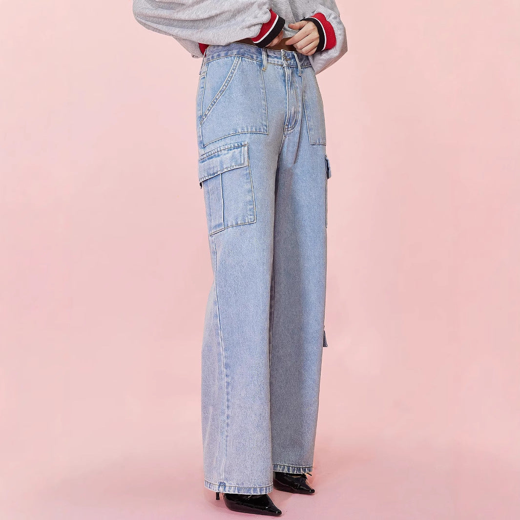 Women Clothing Straight Loose Wide Leg High Waist Tooling Large Pocket Denim Trousers