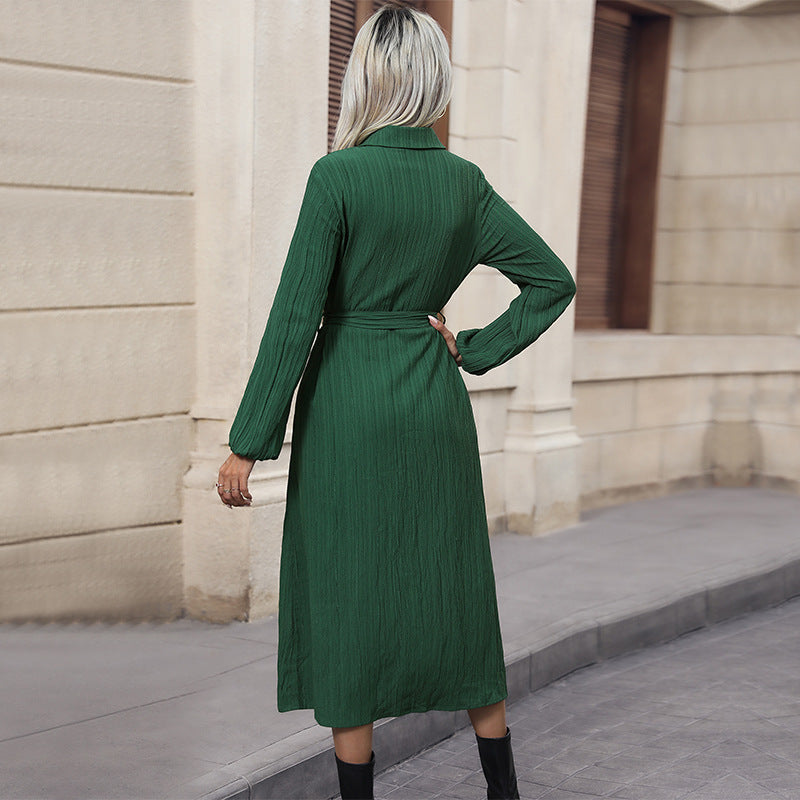 Women Autumn Long Sleeve Pleated Cardigan Dress Office Collared Shirt Dress - Wild Amber Fashion