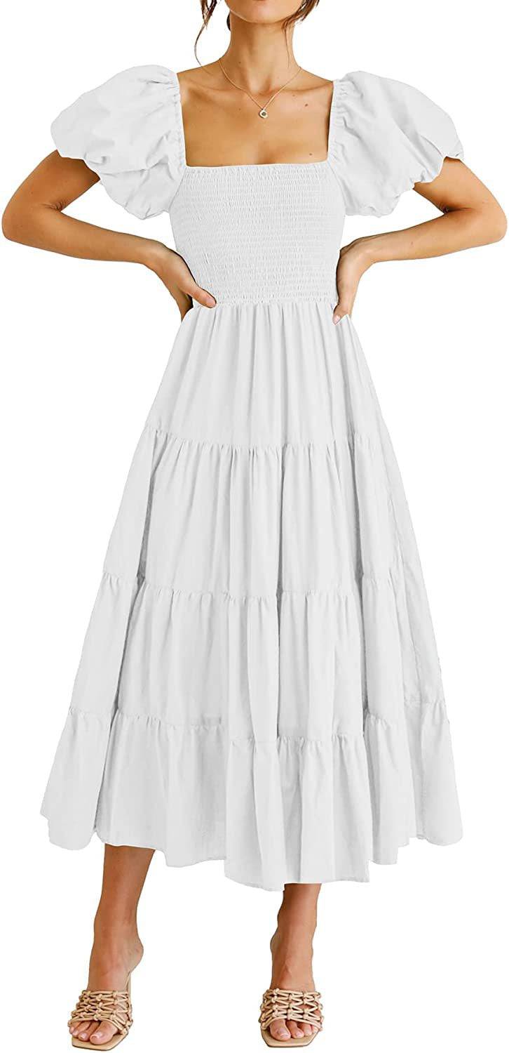 Square Neckline Backless Puff Sleeve Summer Maxi Dress  S White 