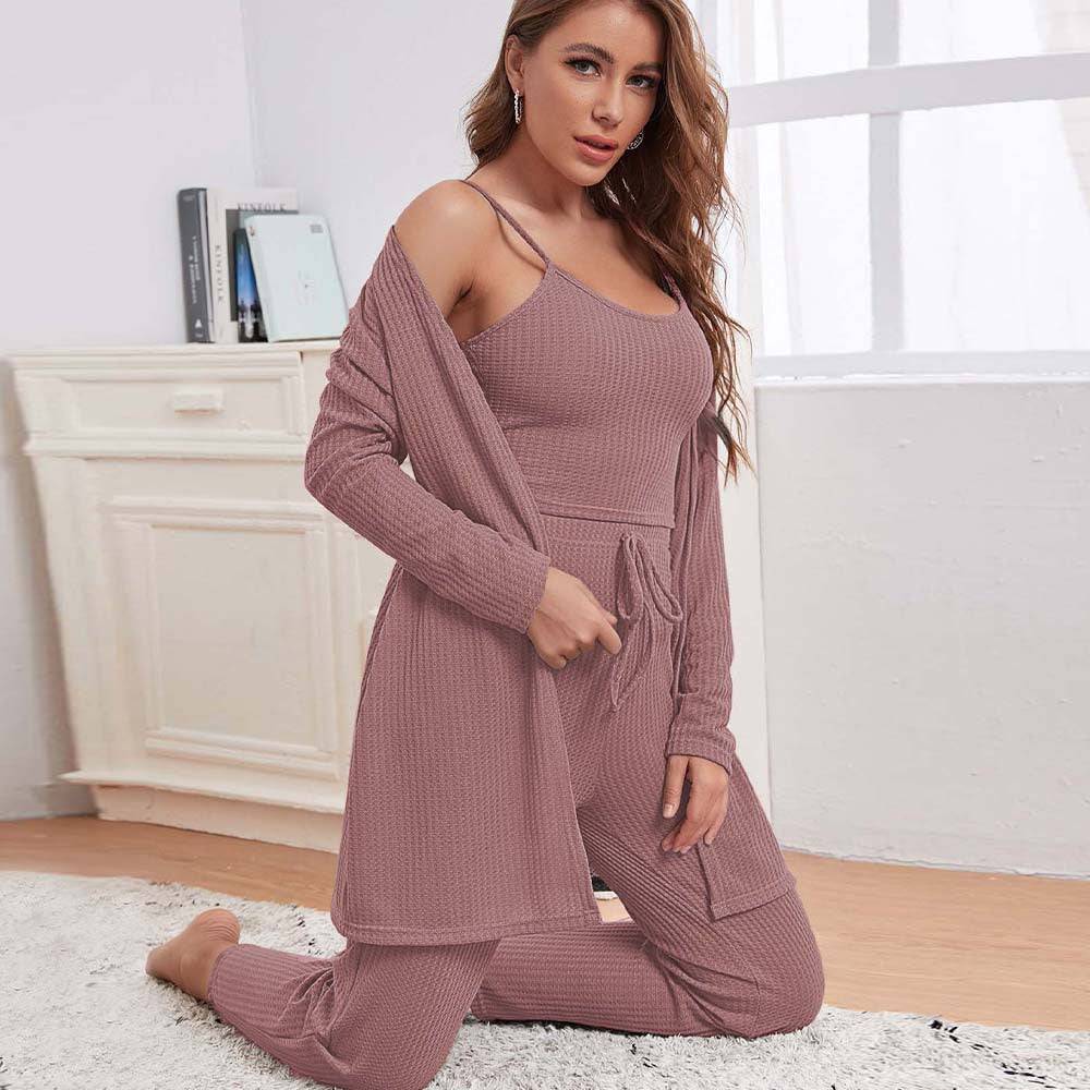 Sexy Home Suit Autumn Winter Solid Color Loose Comfortable Three Piece Set Women - Wild Amber Fashion