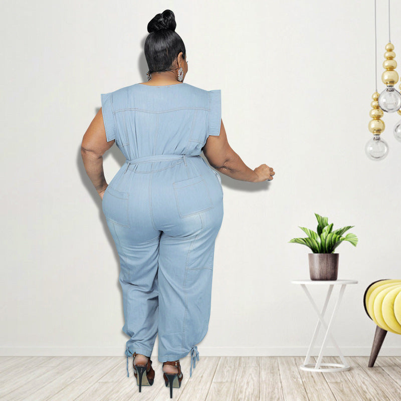 Plus Size Plus Size Women Clothing Summer Washed Denim Casual Jumpsuit - Wild Amber Fashion