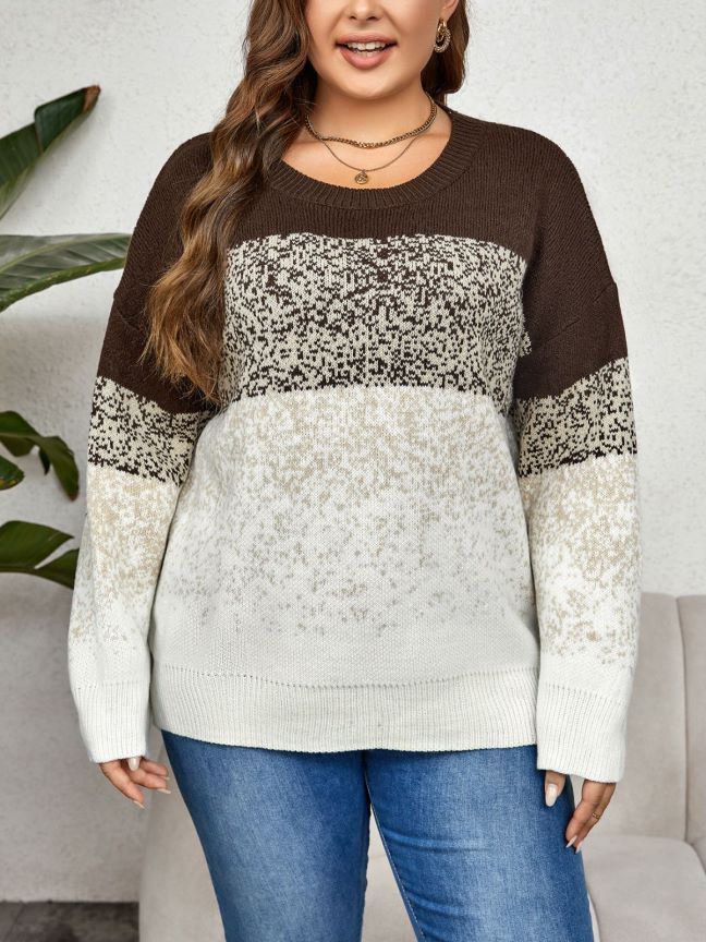 Plus Size Autumn Winter Color Matching Multi Color round Neck Clothing - Wild Amber Fashion