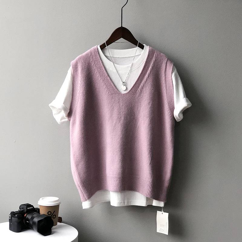 Knitted Vest Women Spring Preppy V neck Loose Idle Sleeveless Waistcoat  One Size Lavender 