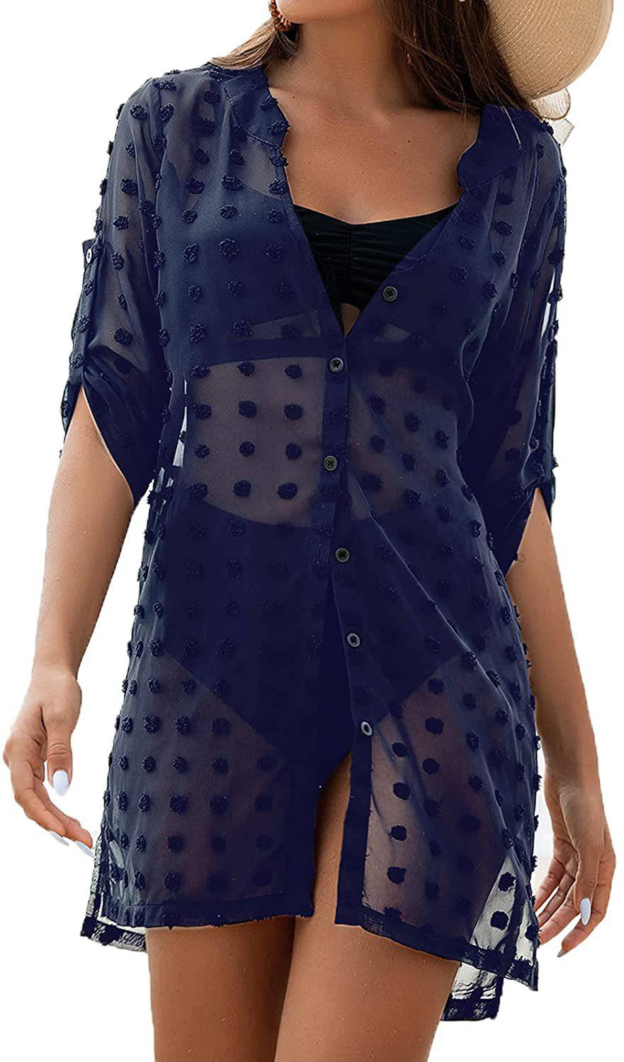 Sheer V-Neck Beach Dress with Fishnet Accents  S Navy Blue 