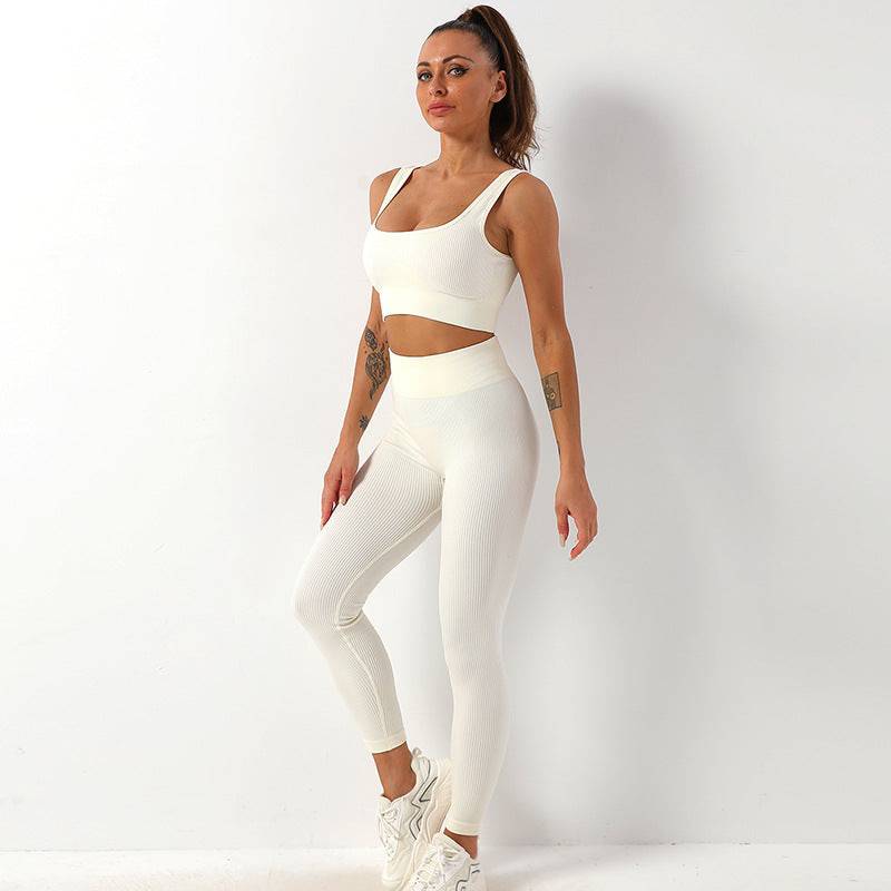 Ultimate Comfort Seamless Yoga Set with Shockproof Sports Bra and High-Rise Fitness Trousers  S Beige Strap Bra Trousers 