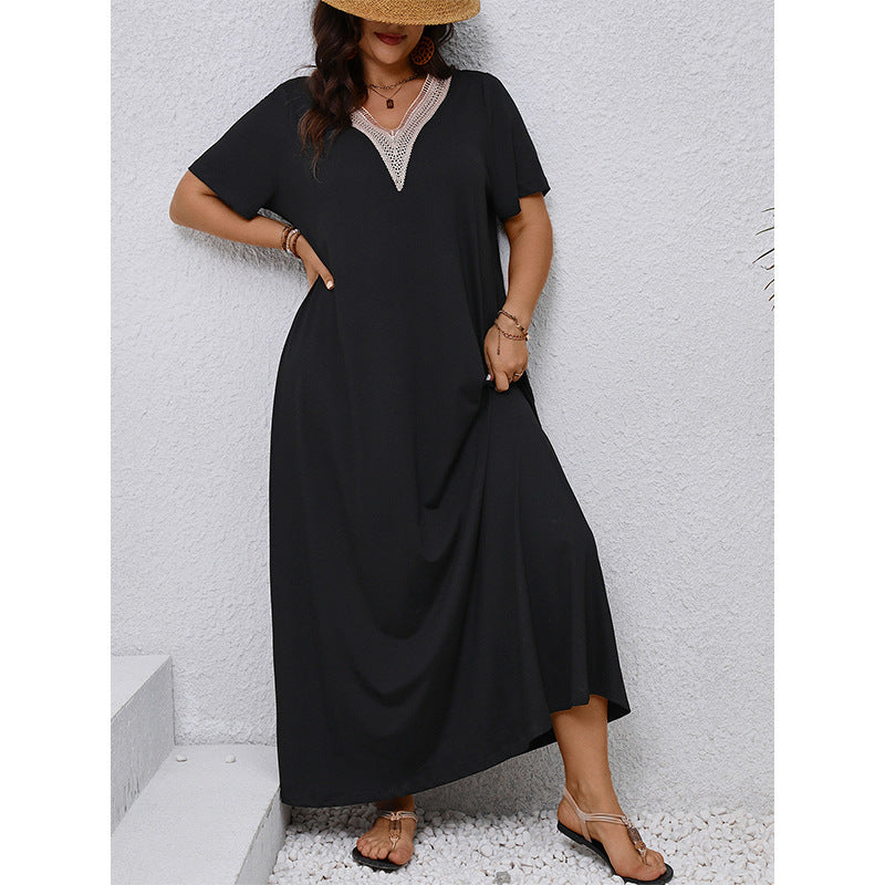 Plus Size Summer V neck Slimming Maxi Dress Elegant Black Loose Women Dress - Wild Amber Fashion