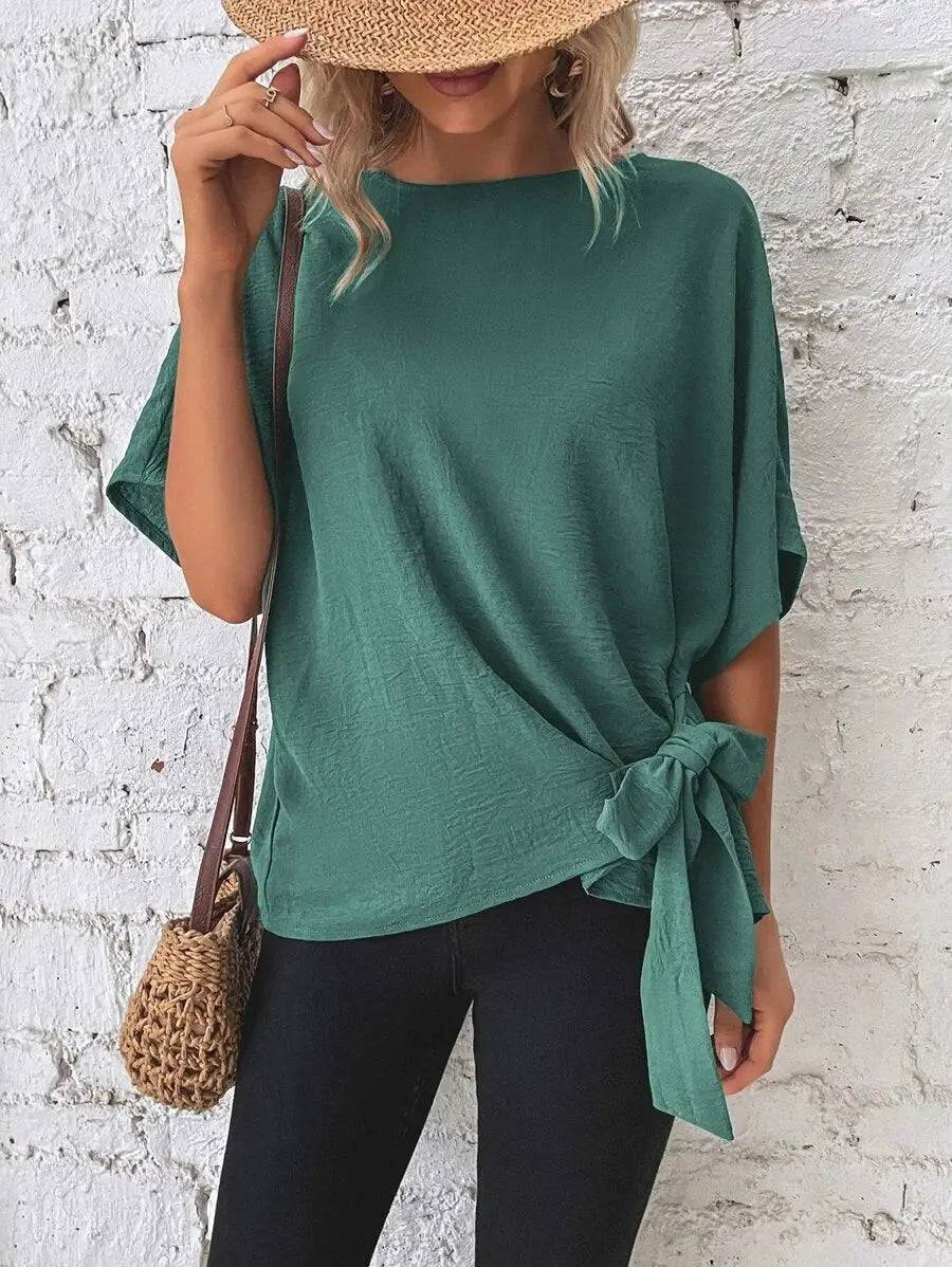 Summer Loose-Fit Batwing Sleeve Knotted T Top for Women  S Green 