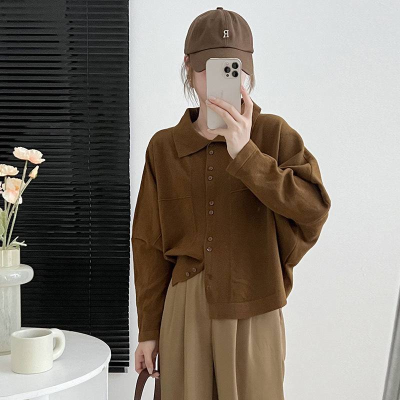 Fashionable Women's Polo Collar Batwing Sleeve Cardigan  One Size camel 