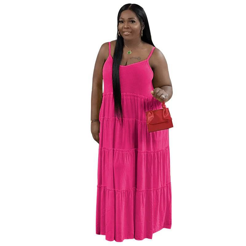 Summer Chic Plus Size Solid Color Casual Dress with Sexy Strap Pleated Stitching  XL Coral Red 