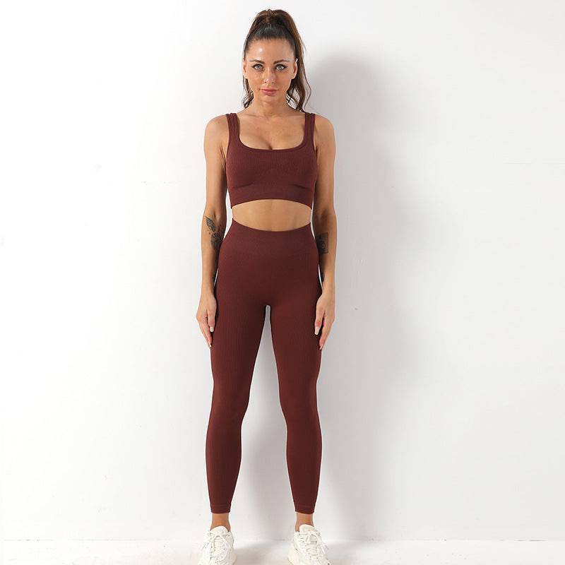 Ultimate Comfort Seamless Yoga Set with Shockproof Sports Bra and High-Rise Fitness Trousers  S Brown Strap Bra Trousers 