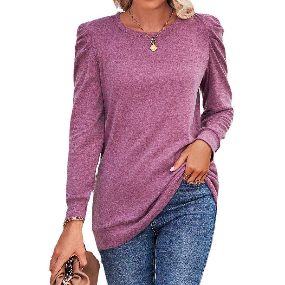 Pleated Solid Color Long Sleeve T-Shirt for Women  S Fuchsia 