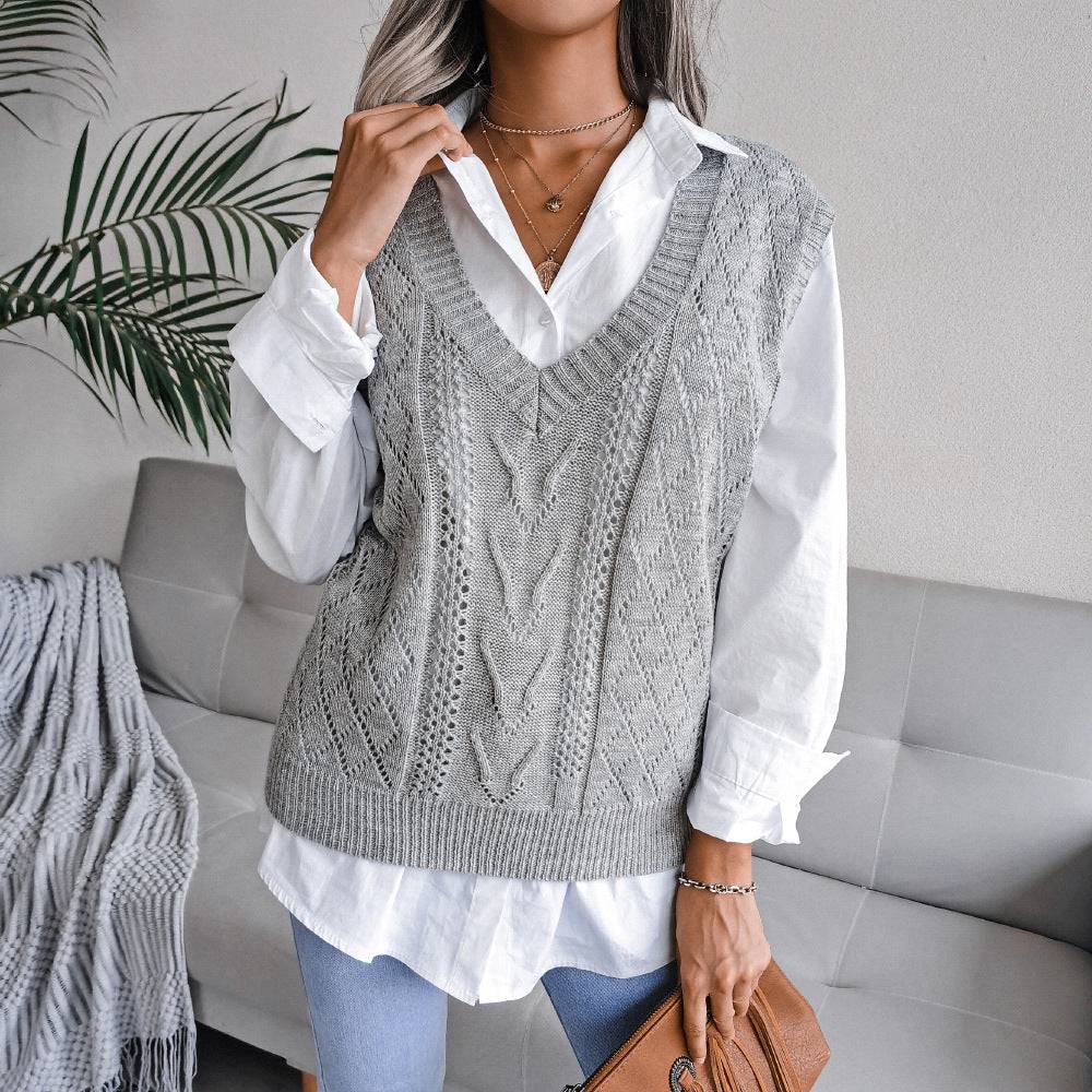 Twist V-Neck Knitted Vest Sweater for Women with Cutout Design  S Gray 