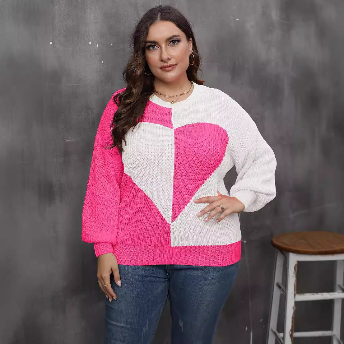 Plus Size Women Clothing Autumn Winter Ladies Top Pullover Woven Shirt Heart Shaped Multi Part Contrast Color Sweater - Wild Amber Fashion