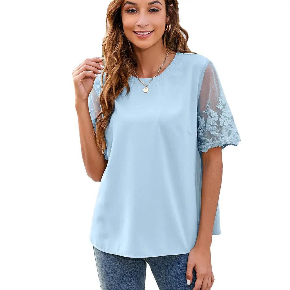 Elegant Women's Lace Chiffon Blouse  S skyblue 