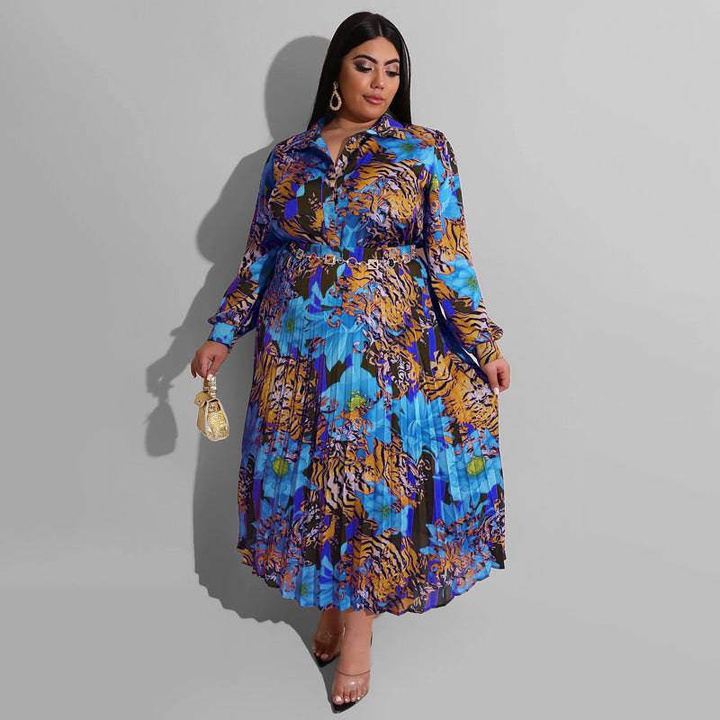 Elegant Plus Size Autumn Winter Printed Maxi Dress  1XL Blue 