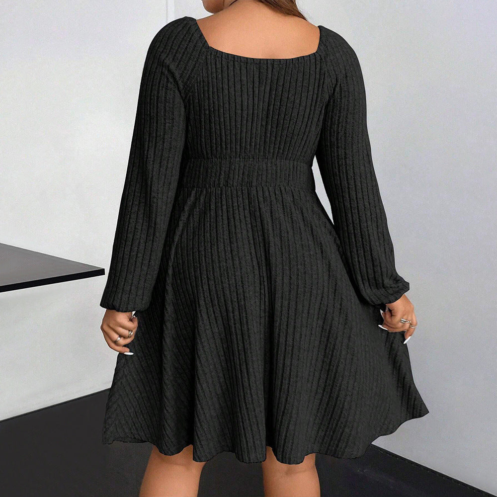 Plus Size Autumn Winter Women Clothing Square Collar Long Sleeve Waist Mini Fleece Sunken Stripe Dress - Wild Amber Fashion